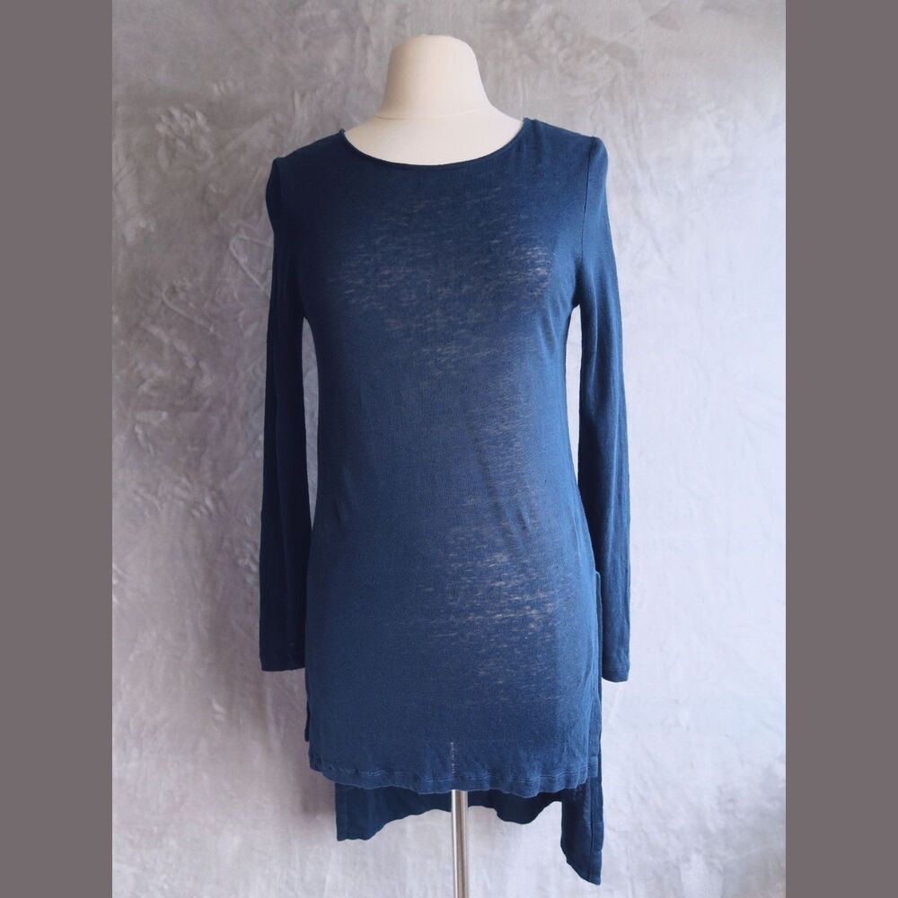 ELK AUSTRALIA Navy Blue Longline Tunic Top Size XS Long Sleeves Linen Lagenlook